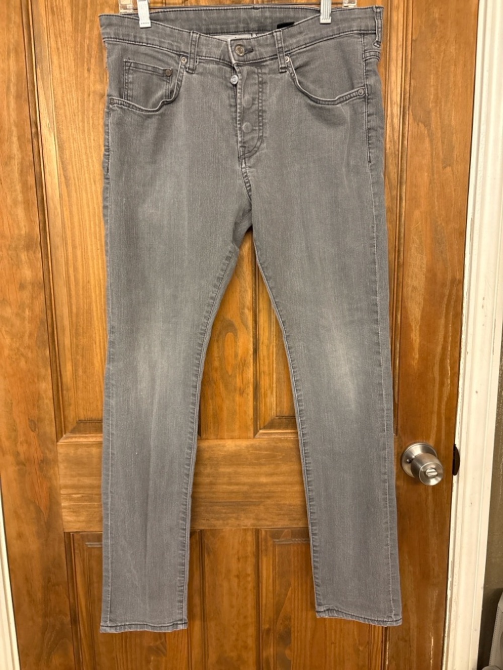 Mens Gray Skinny Jeans Size 34 Button Fly Stretch Denim